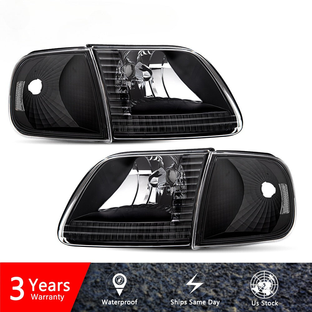 For 1997-2003 Ford F150 97-02 Expedition Black Headlights Headlamps Assembly Set