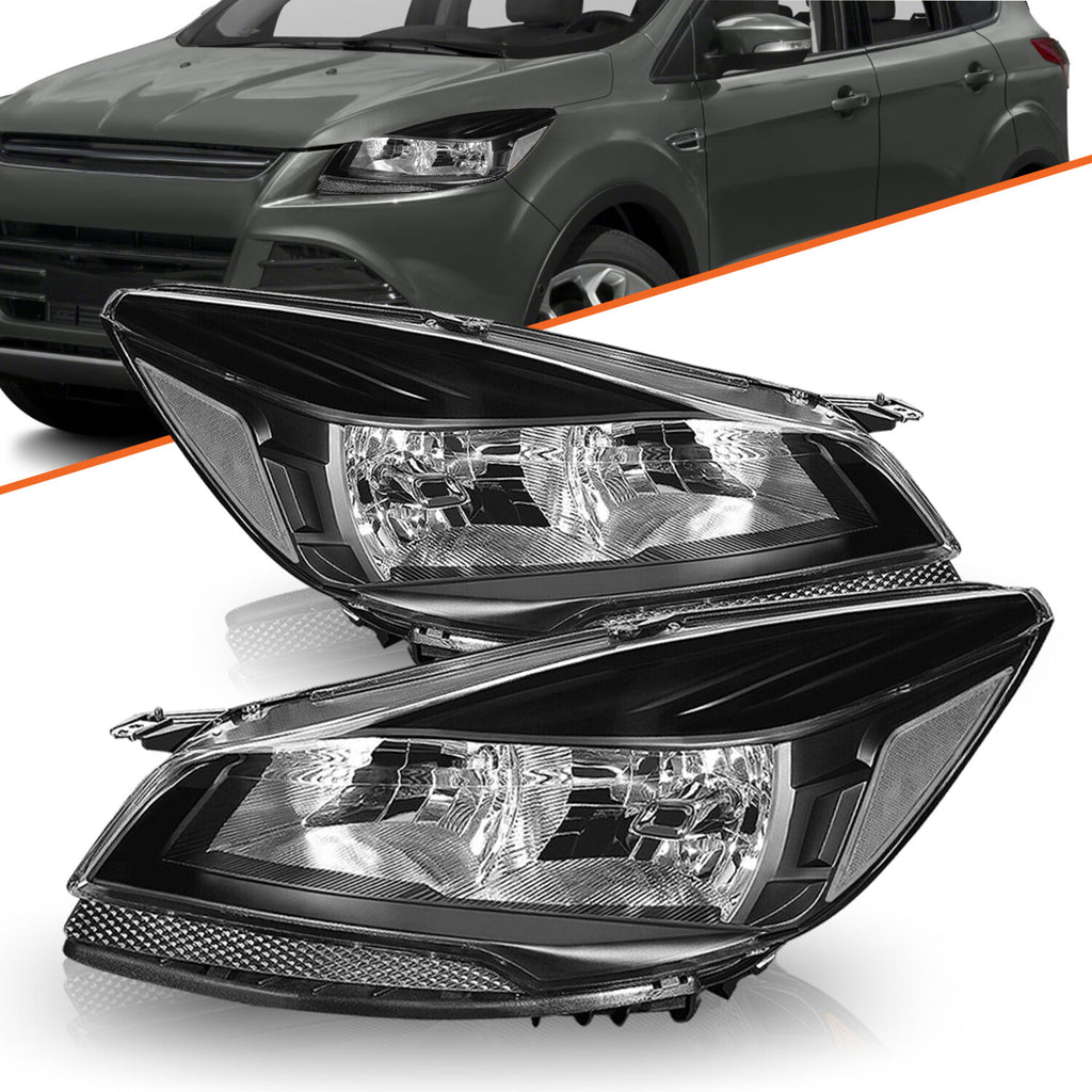 For 2013 2014 2015 2016 Ford Escape SUV Black Halogen Headlights Headlamps Pair