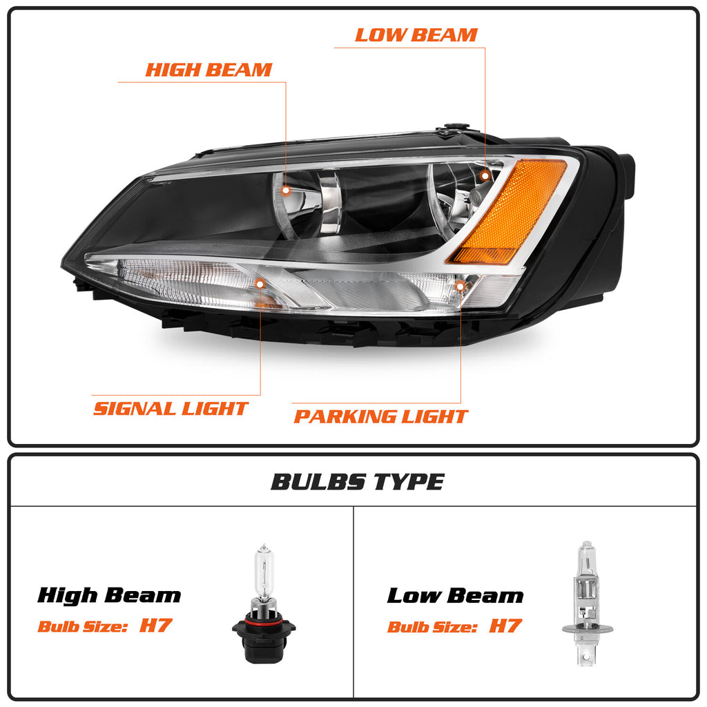 LH+RH w/Bulbs DRL Halogen Headlights Headlamp For 2011-2018 Volkswagen Jetta MK6