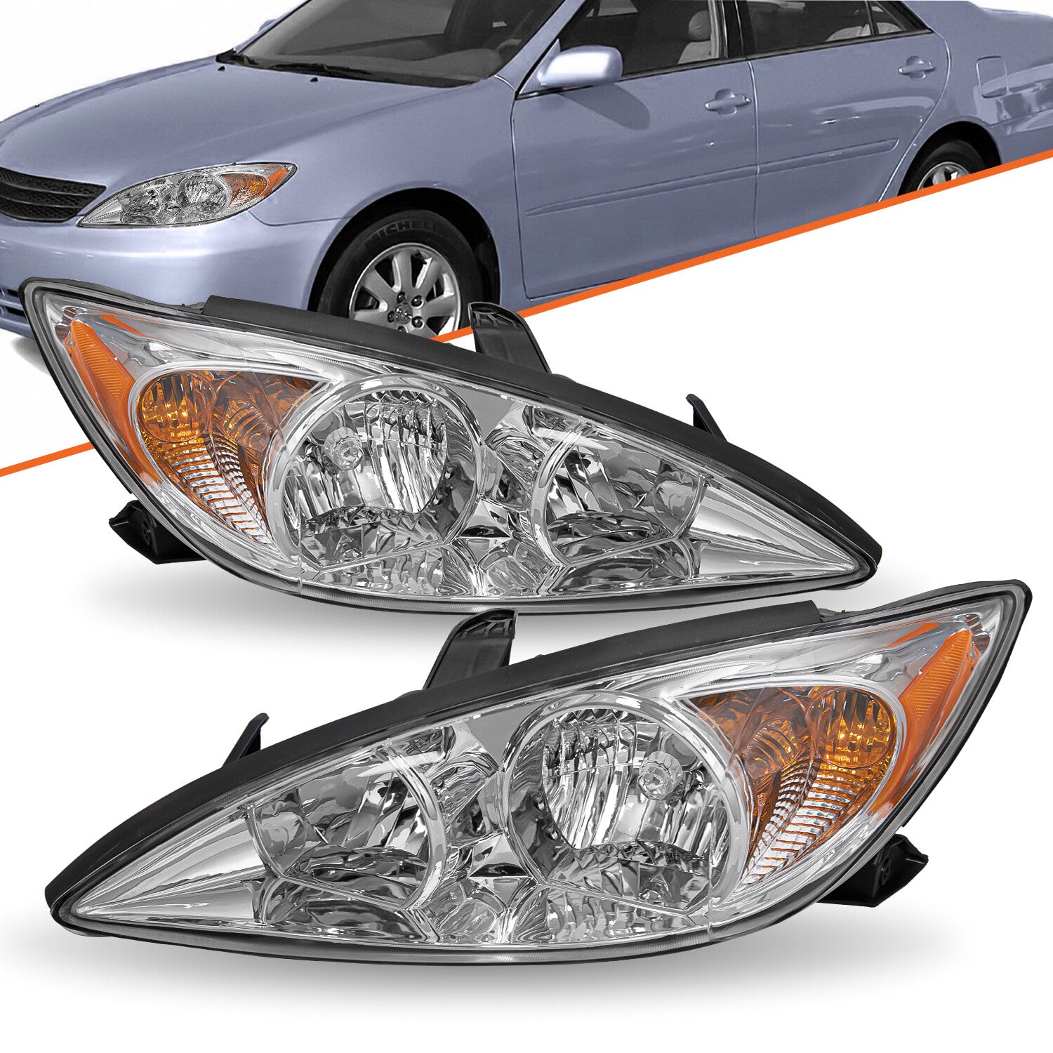 For 2002-2004 Toyota Camry Sedan Halogen Chrome Headlights Assembly Replacment