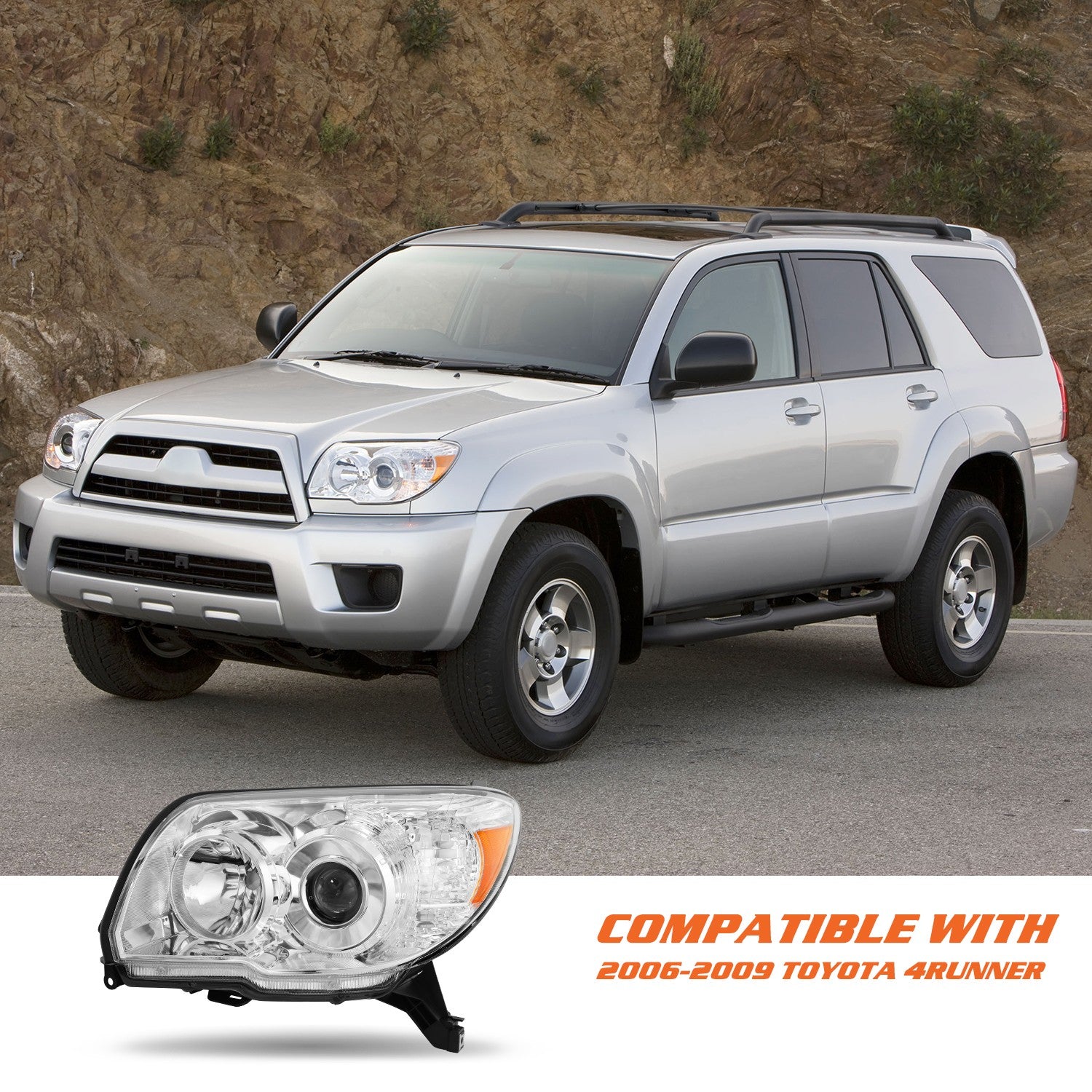 For 2006-2009 Toyota 4Runner Chrome Headlights Amber Corner Headlamps Left Side