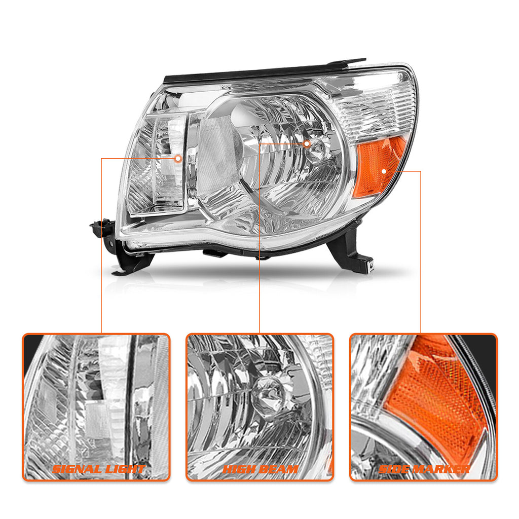 For 2005-2011 Toyota Tacoma Chrome Headlights Assembly Amber L+R Lamps Pair