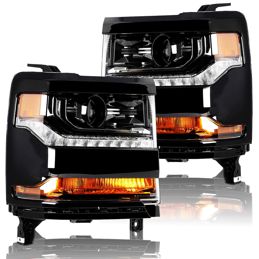 【Gloss Black 】For 2016-2018 Chevy Silverado 1500 HID/Xenon Headlights w/ LED DRL