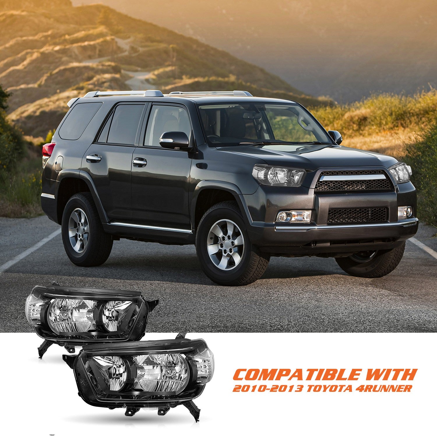 For 2010-2013 Toyota 4Runner Black Clear Corner Headlights Assembly Set