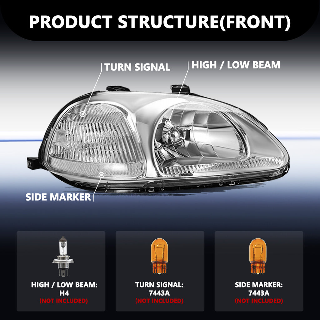For 1996 1997 1998 Honda Civic EK EJ Chrome Headlights Assembly Headlamps