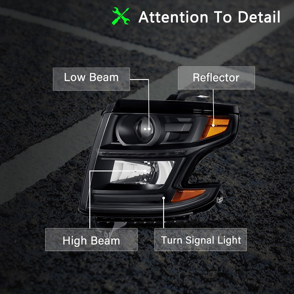 Black Headlights For 2015-2020 Chevy Tahoe Suburban Projector Headlamps LH&RH