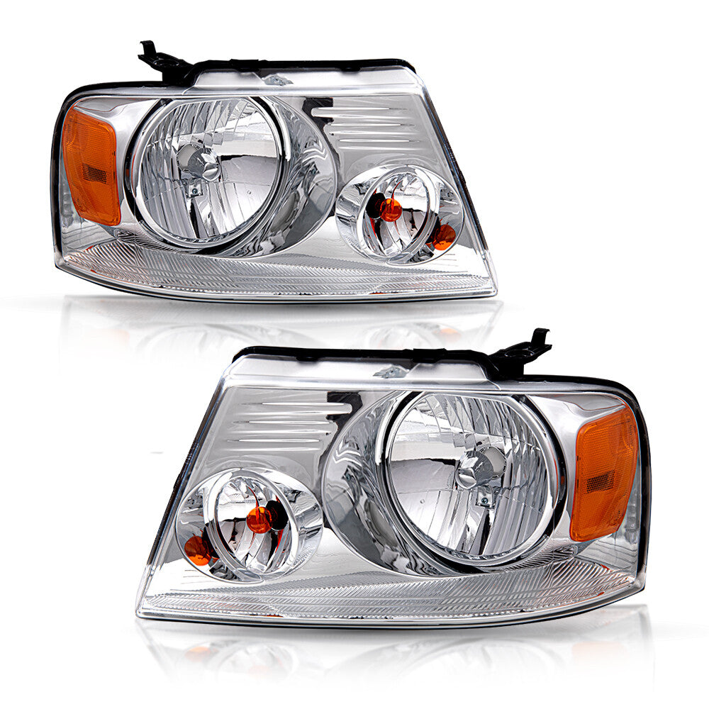 For 2004-2008 Ford F-150 F150 Halogen Chrome Housing Headlights LH+RH W/Bulbs
