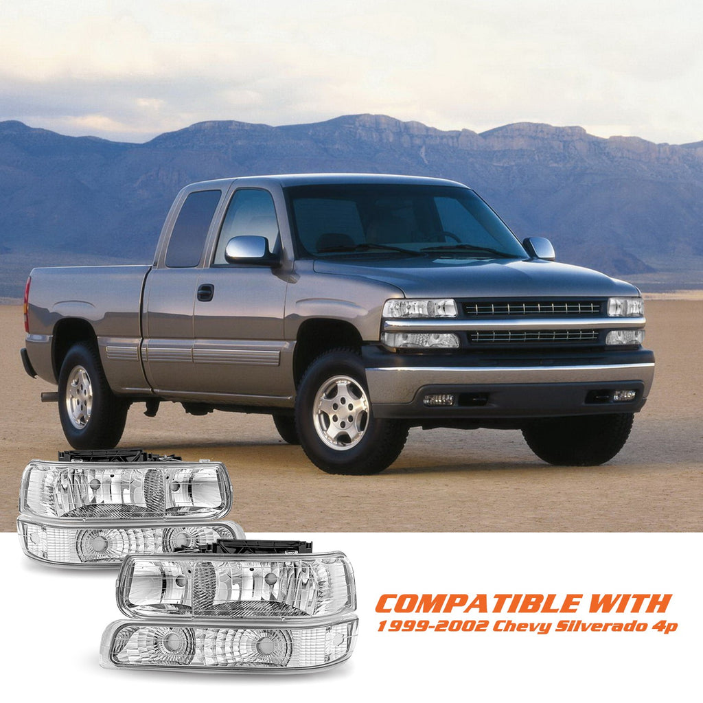 Chrome Headlights For 99-02 Chevy Silverado 00-06 Suburban Tahoe Bumper Lamps