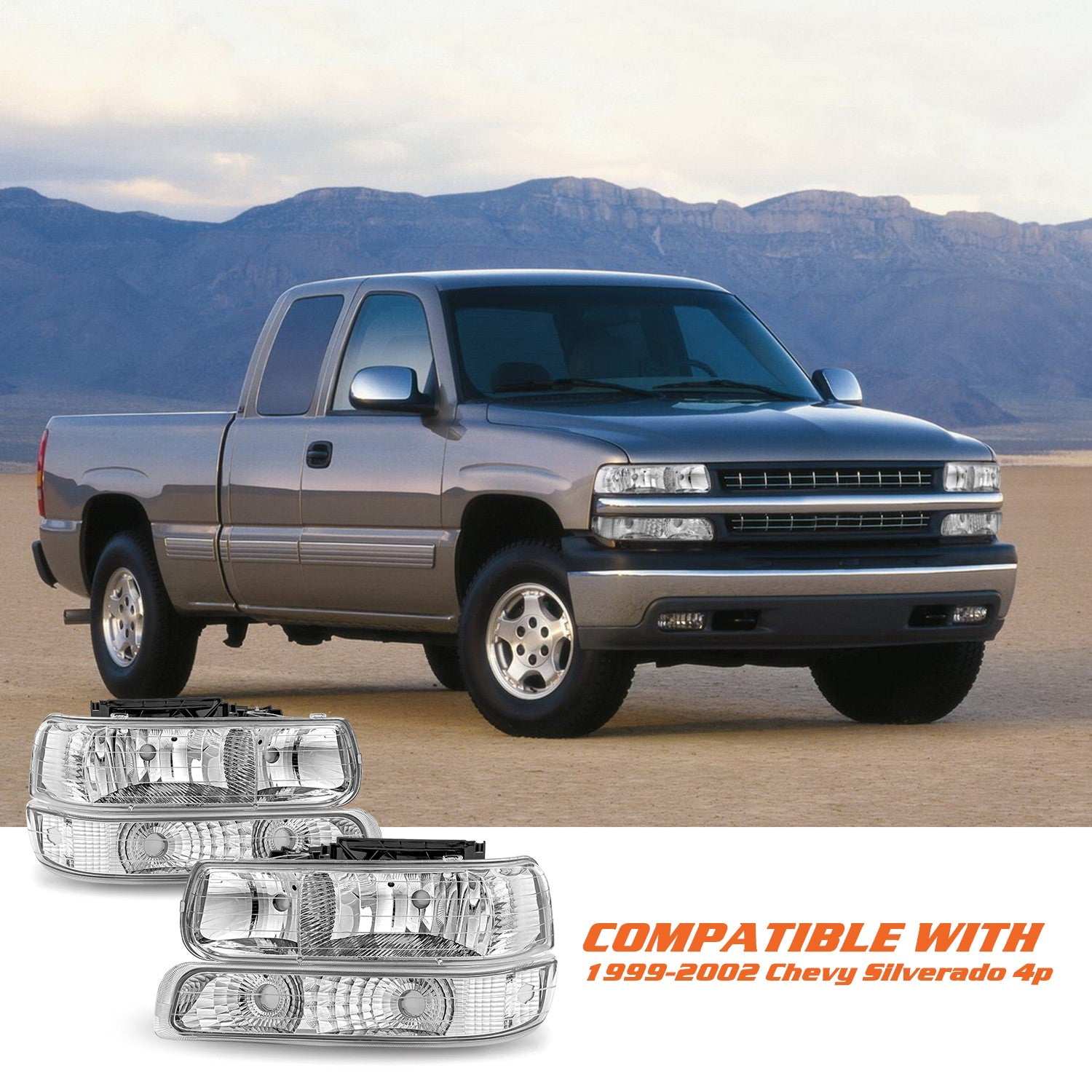 Chrome Headlights For 99-02 Chevy Silverado 00-06 Suburban Tahoe Bumper Lamps