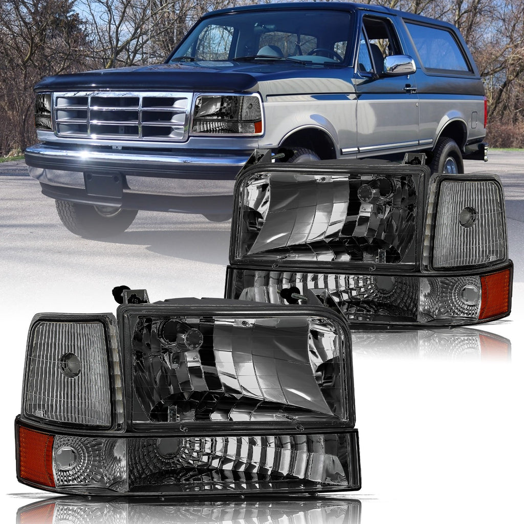 For 1992-1996 Ford F150 F250 F350 Bronco Smoke Headlights w/Corner Signal Lamps