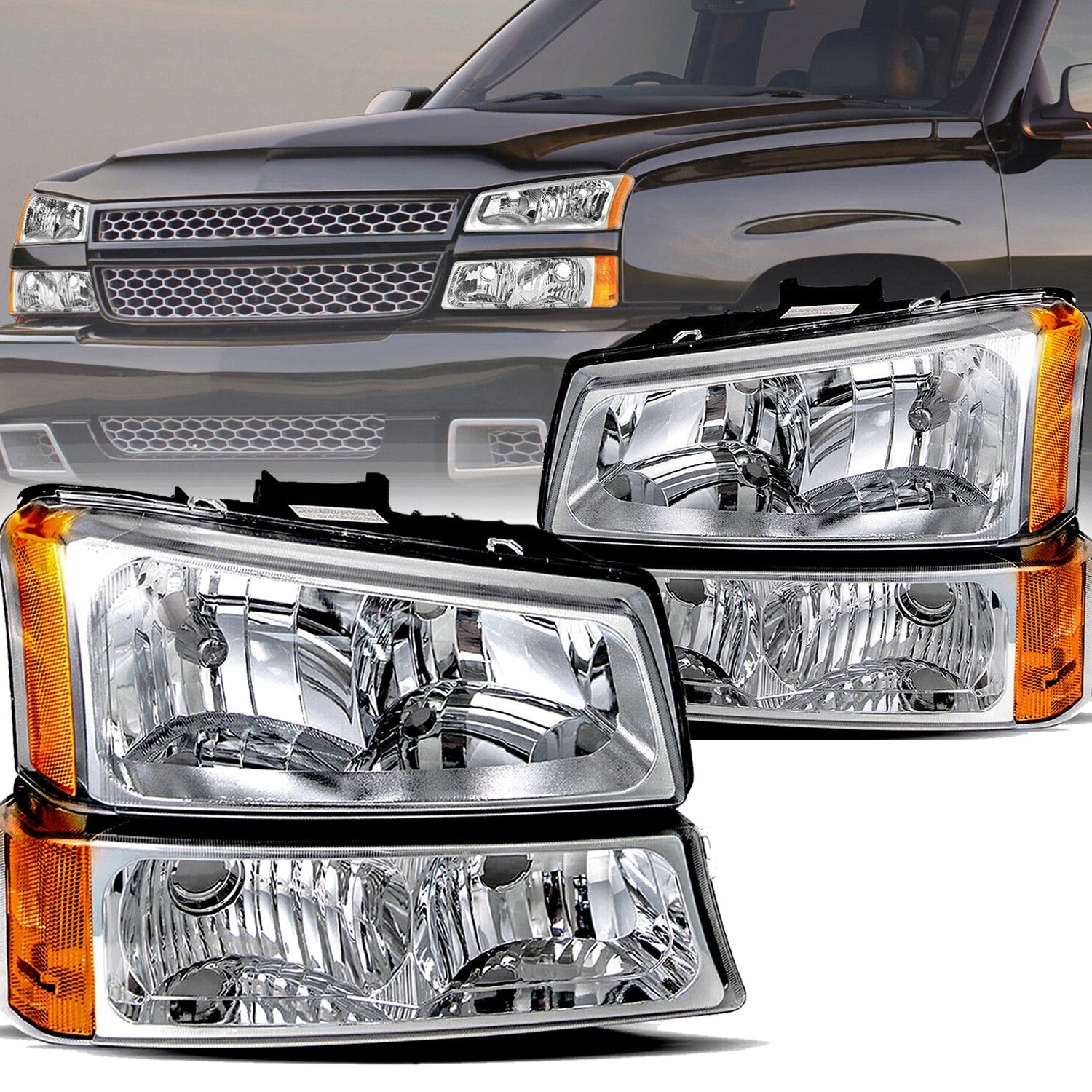 Chrome Headlights For 2003-2006 Chevy Silverado Chevrolet Avalanche 03-06 4pcs