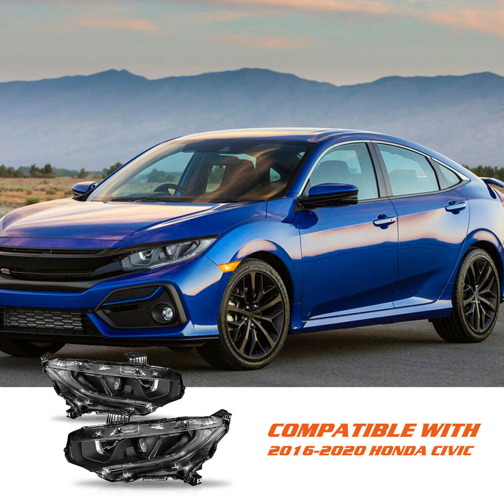 For 2016-2021 Honda Civic Black Projector W/DRL Headlights Assembly Lamps Pair