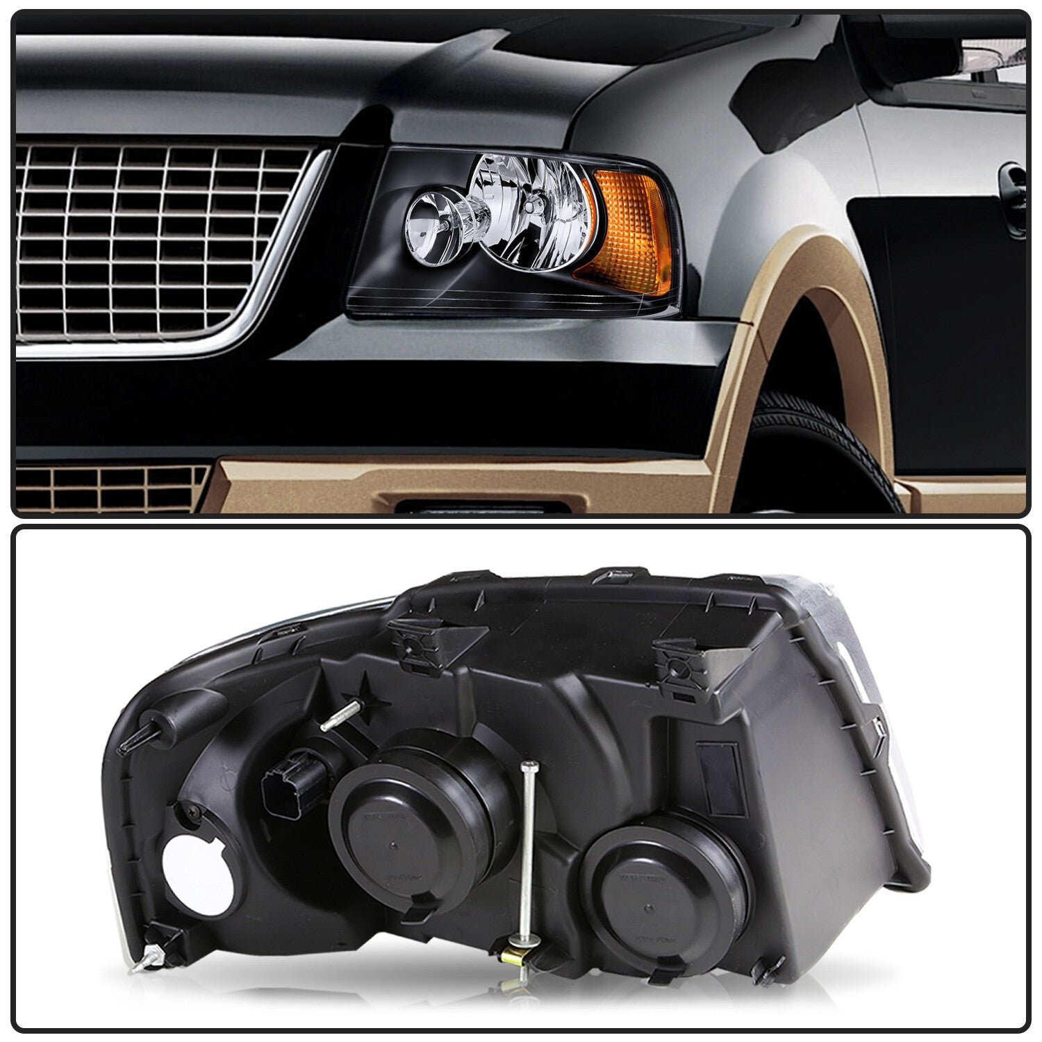 For 2003-2006 Ford Expedition Headlight Black Amber Housing Left+Right W/Bulbs