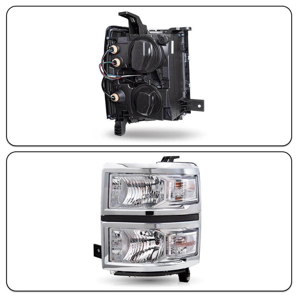 Pairs For 2014-2015 Chevy Silverado 1500 Chrome Headlights Headlamps Set w/Bulbs