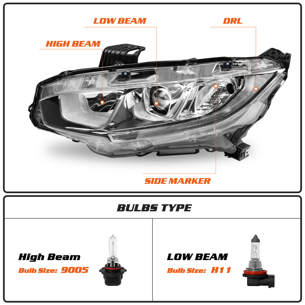 For 2016-2021 Honda Civic Halogen Chrome Clear Headlights Assembly Pair L+R