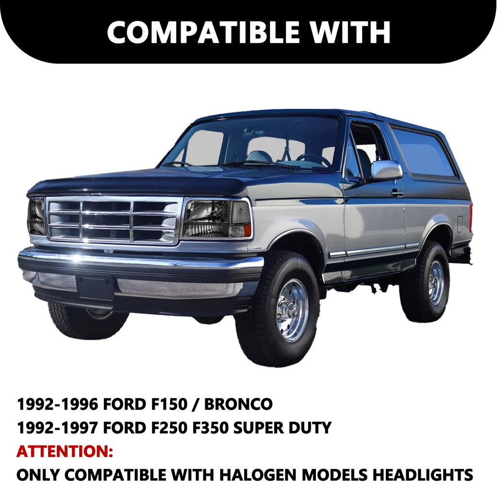 For 1992-1996 Ford F150 F250 F350 Bronco Smoke Headlights w/Corner Signal Lamps
