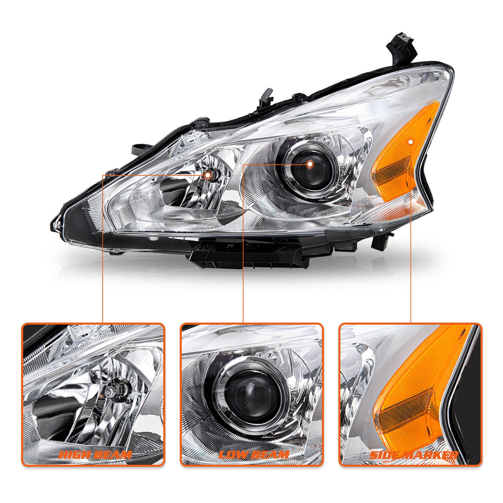 For 2013-2015 Nissan Altima 4-Dr Sedan Chrome Headlights Amber Corner Lamps Pair