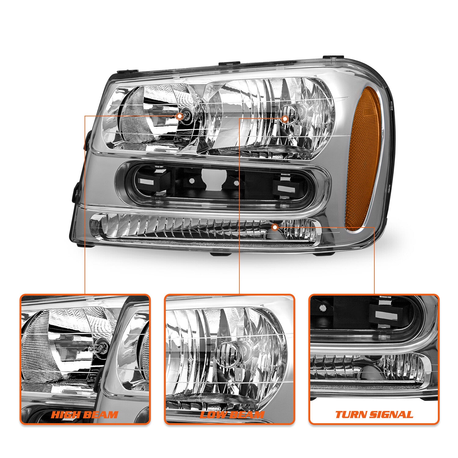 Headlights For 2002-2009 Chevy Trailblazer Ext Chrome Amber Corner lamps 02-09