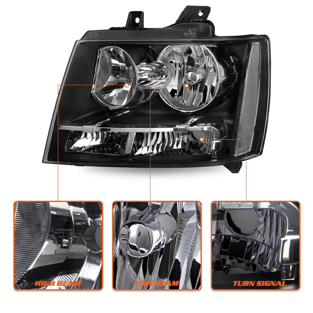 Pair Headlights For Chevy Avalanche Suburban Tahoe 2007-2014 Black Halogen Sets