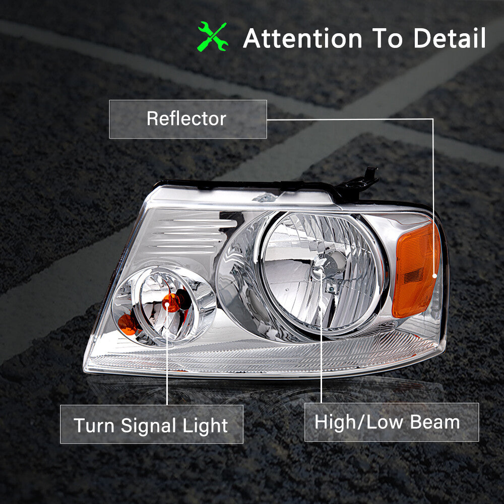 For 2004-2008 Ford F-150 F150 Halogen Chrome Housing Headlights LH+RH W/Bulbs