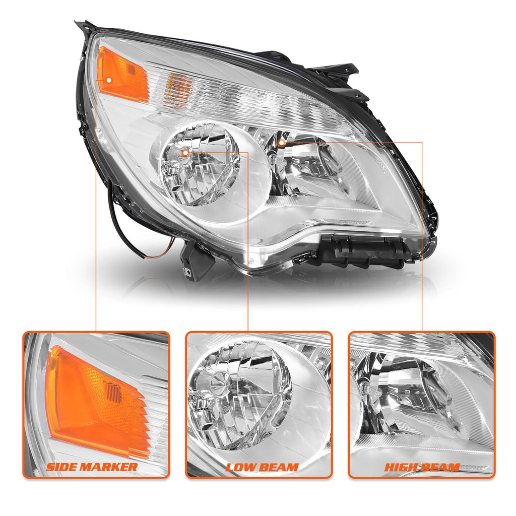 Halogen Chrome Headlights For 2010-2015 Chevy Equinox Passenger Right w/ Bulb