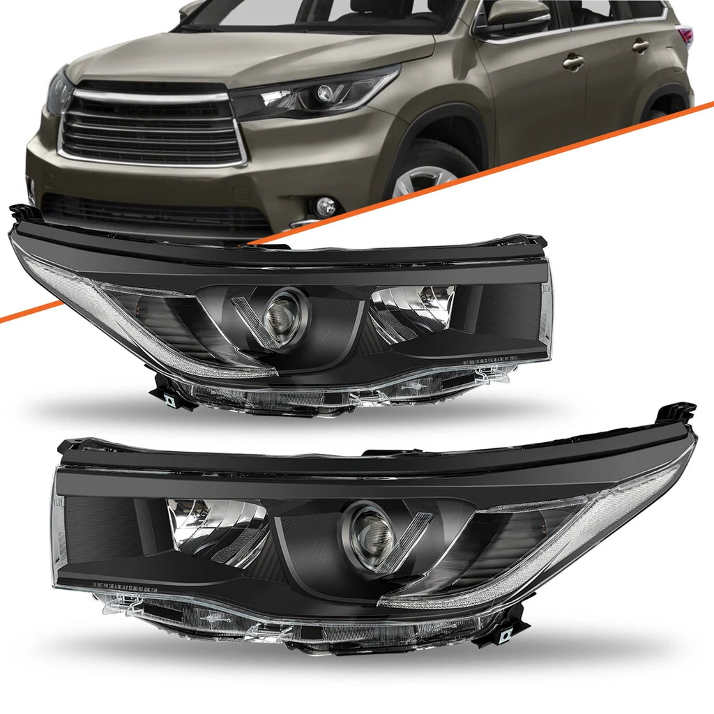 For 2014 2015 2016 Toyota Highlander Black Clear Headlight Pair Assembly