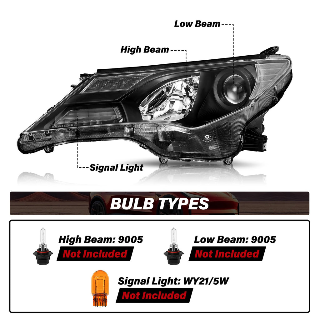For 2013 2014 2015 Toyota RAV4 RAV-4 Black Clear Headlight Assembly Pair Set