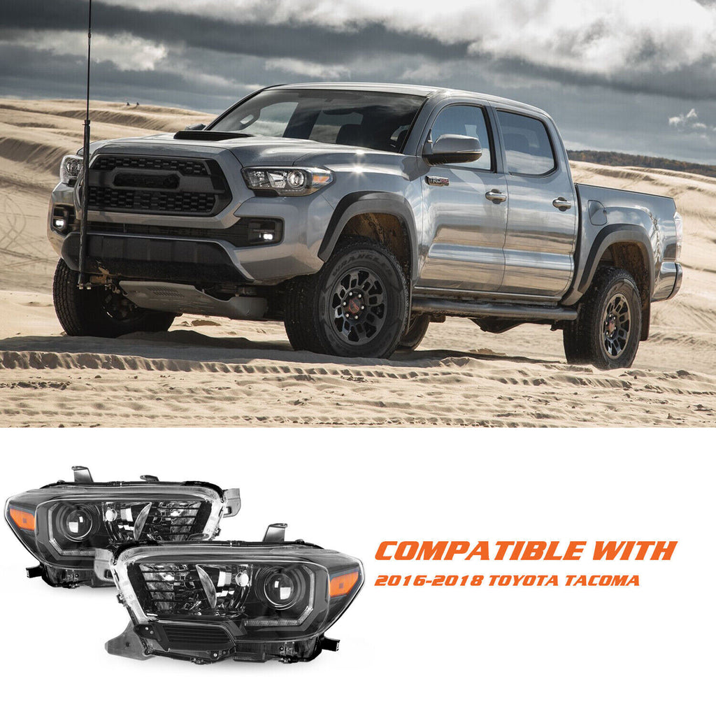 For 2016-2022 Toyota Tacoma w/ LED DRL Black Headlights Headlamps Left+Right Set