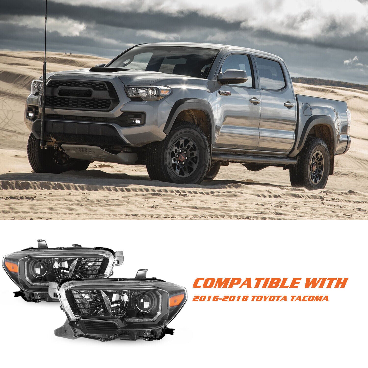 For 2016-2022 Toyota Tacoma w/ LED DRL Black Headlights Headlamps Left+Right Set