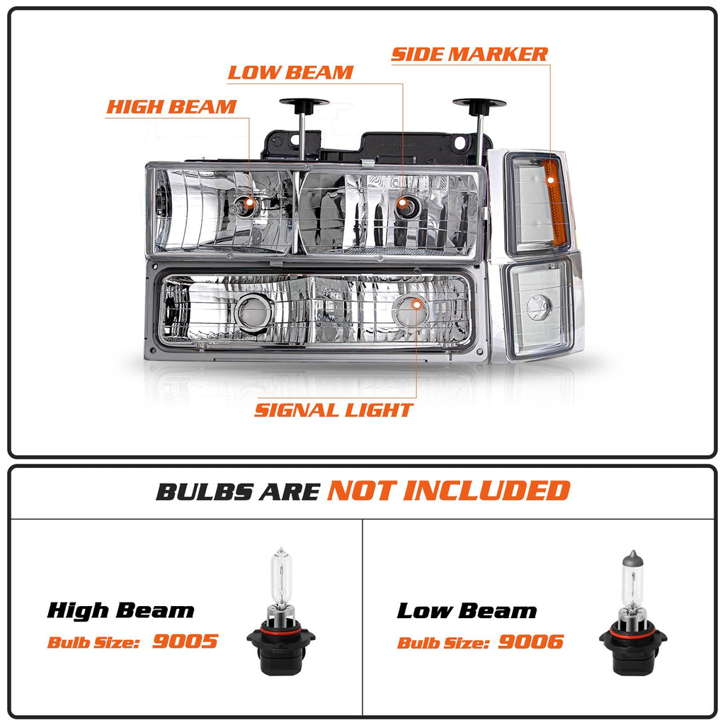 For 94-98 Chevy Silverado C10 C/K 1500 2500 3500 Chrome Headlights LH+RH w/Bulbs