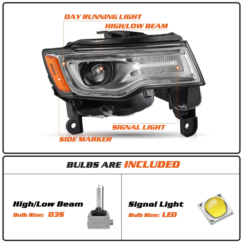 HID Headlights Pair For 2017-2021 Jeep Grand Cherokee Chrome W/ Bulbs LH+RH