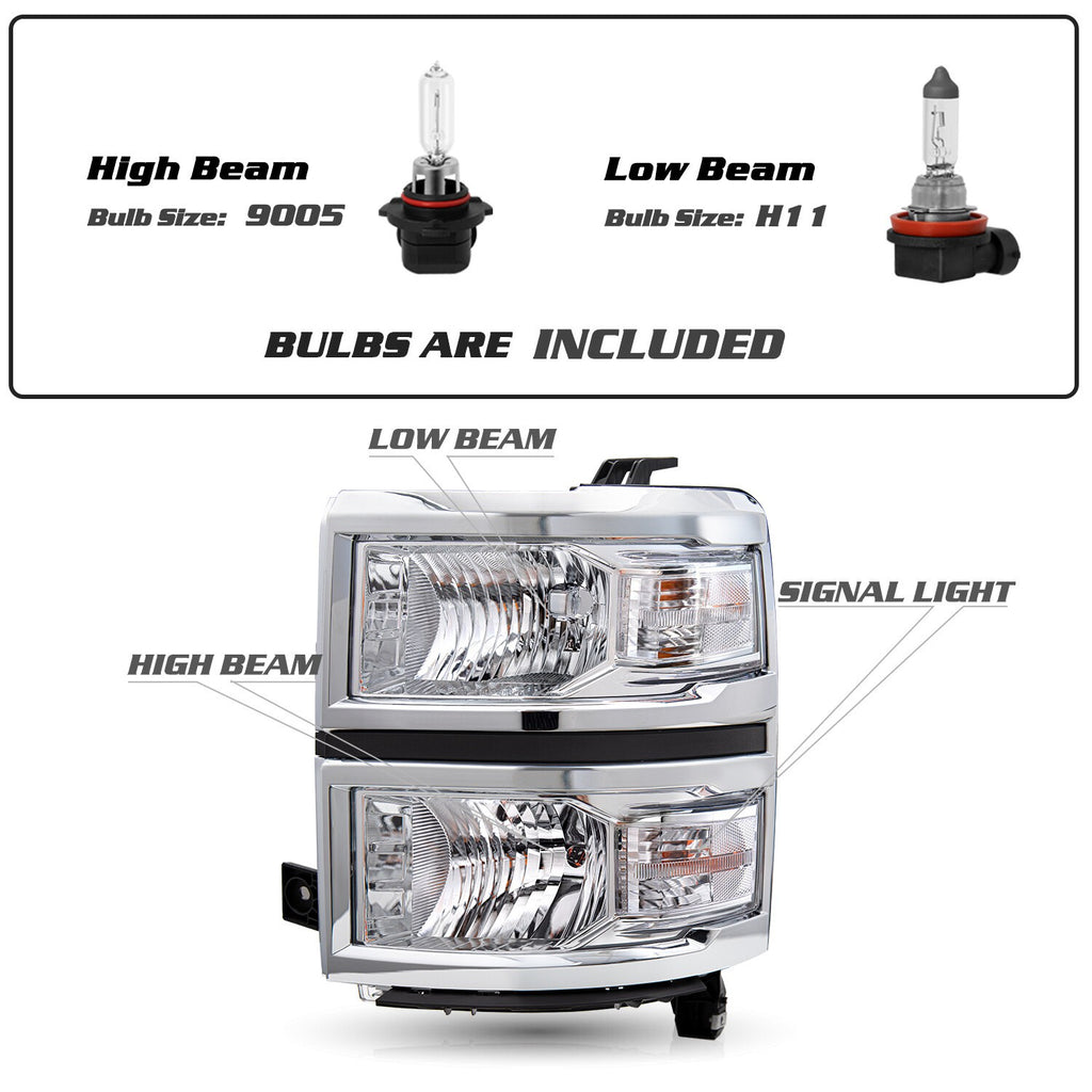 Pairs For 2014-2015 Chevy Silverado 1500 Chrome Headlights Headlamps Set w/Bulbs