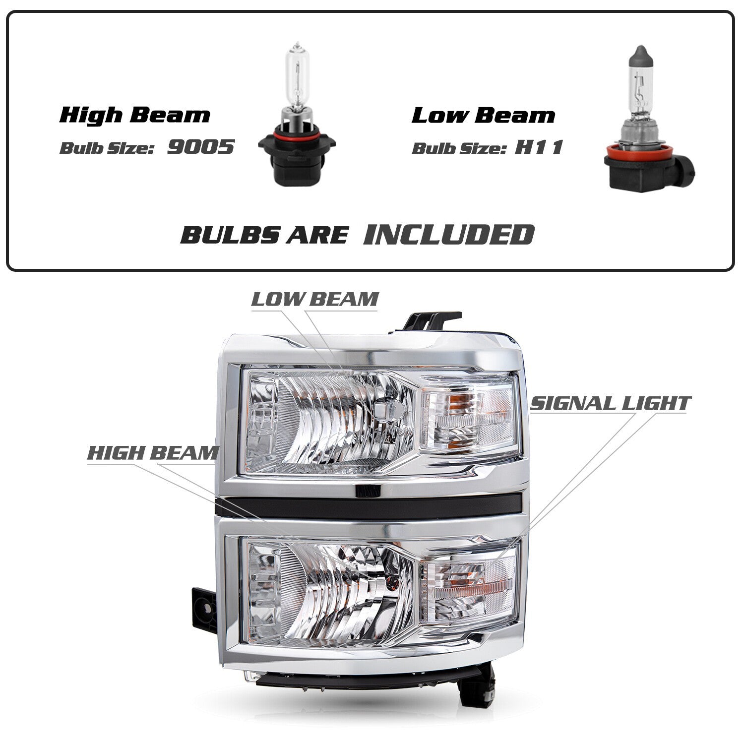Pairs For 2014-2015 Chevy Silverado 1500 Chrome Headlights Headlamps Set w/Bulbs