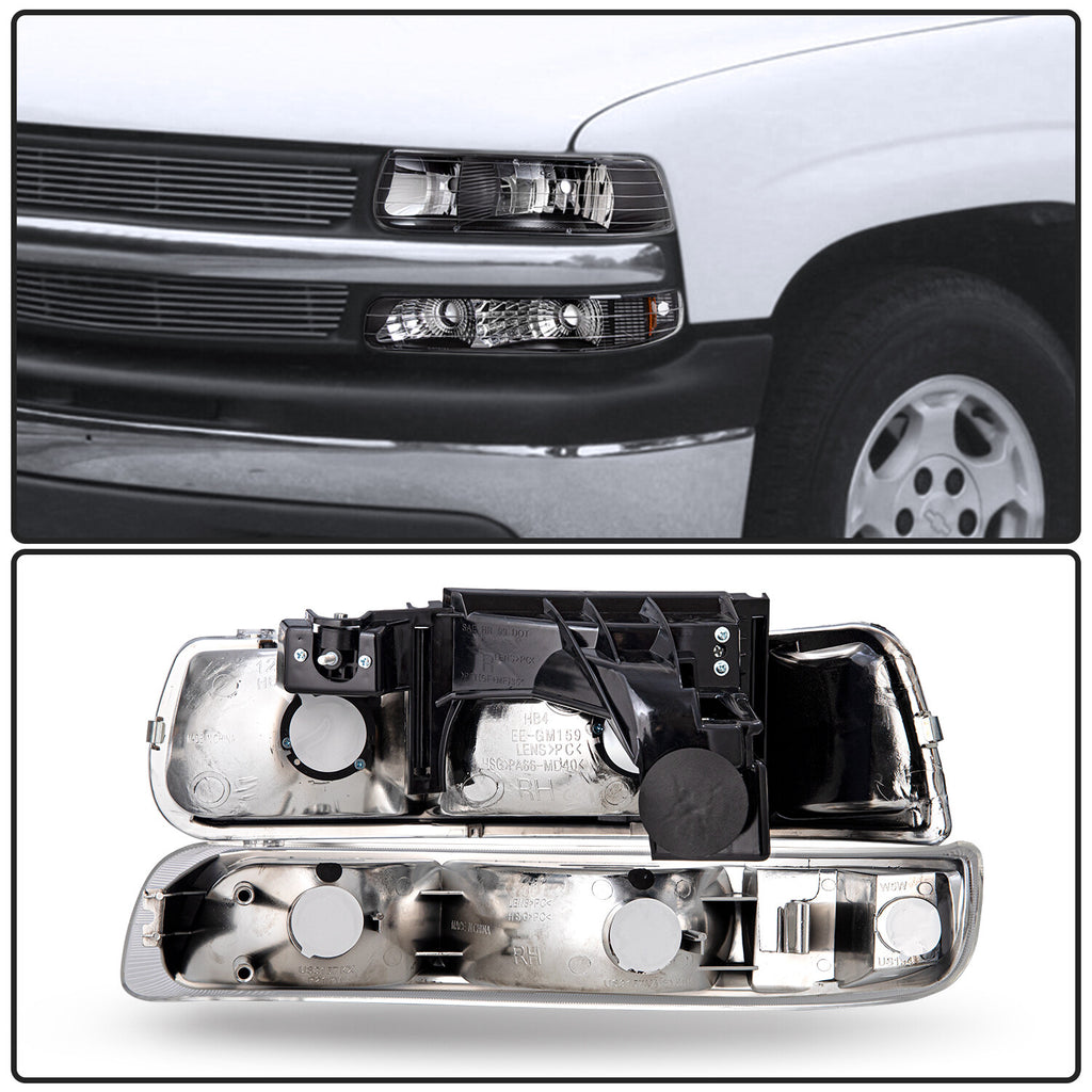 For 1999-2002 Chevy Silverado/00-06 Tahoe Suburban Black Headlights&Bumper Lamps