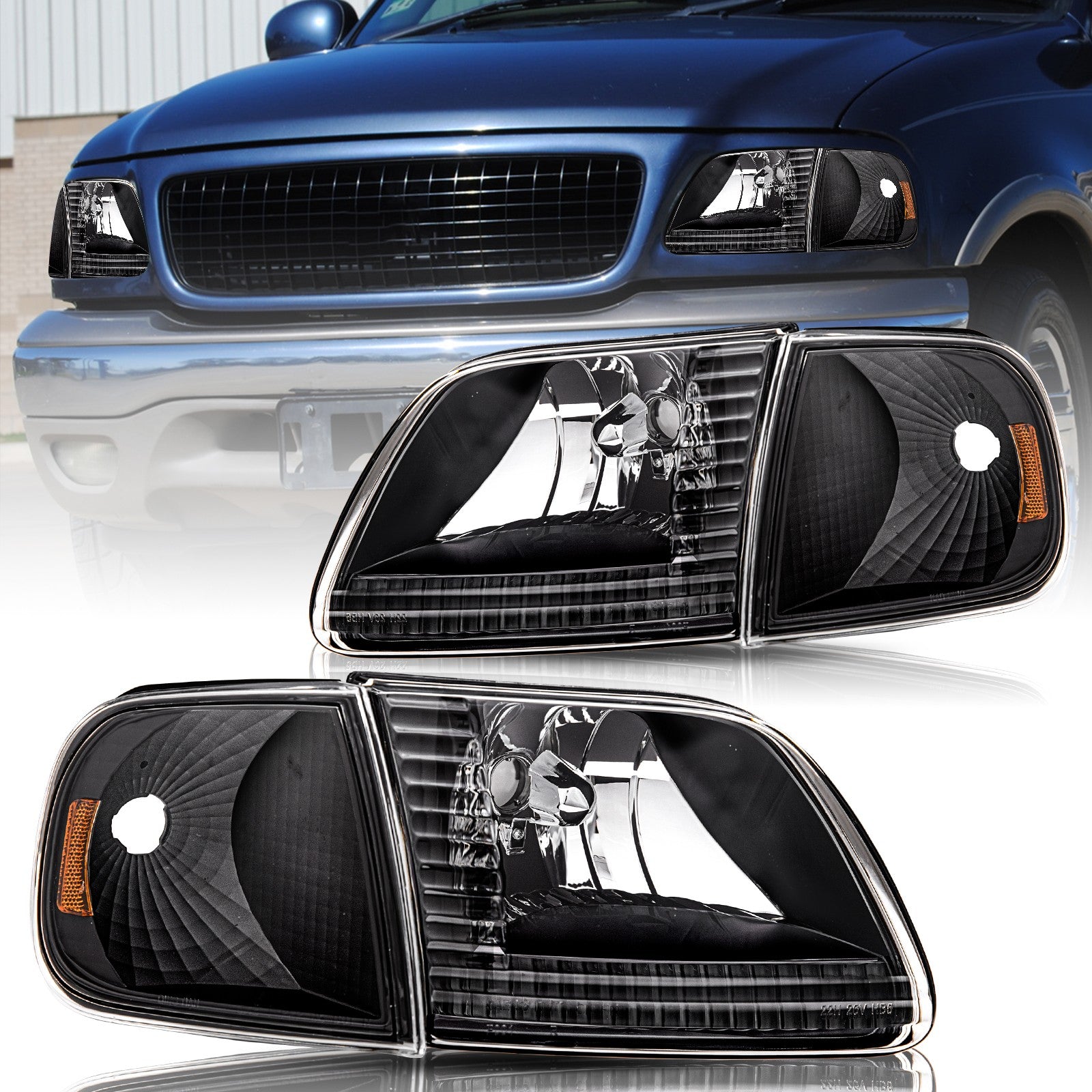 For 1997-2003 Ford F150 97-02 Expedition Black Housing Amber Headlights Assembly