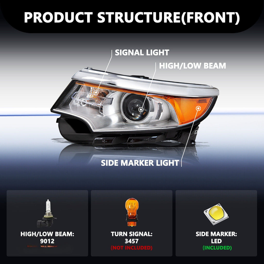 For 2011 2012 2013 2014 Ford Edge Halogen Left Driver Headlight Lamp w/Bulb 5Pin
