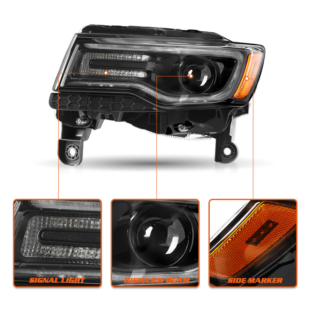 For 2014-2021 Jeep Grand Cherokee w/Bulbs&Ballast HID Black Headlight LH