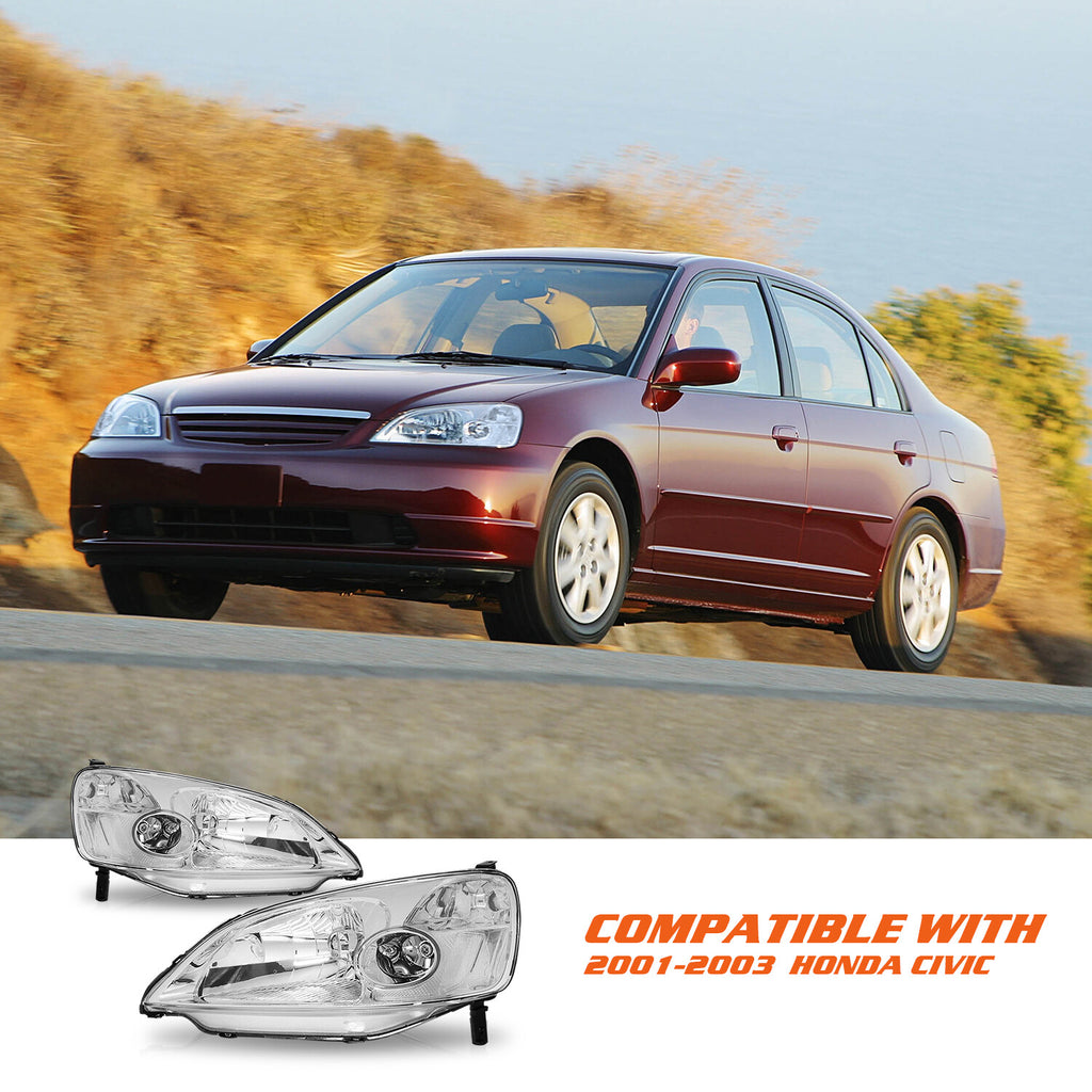 For 2001 2002 2003 Honda Civic Chrome Clear Headlights Assembly Lamps Set