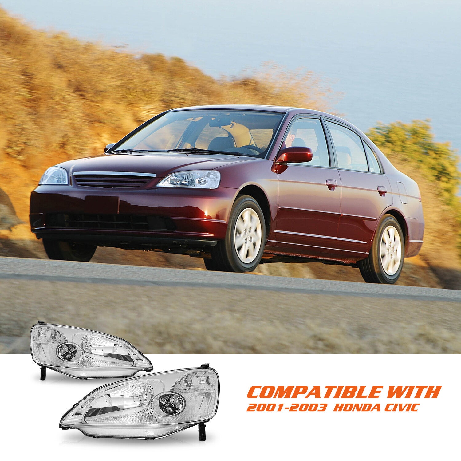 For 2001 2002 2003 Honda Civic Chrome Clear Headlights Assembly Lamps Set