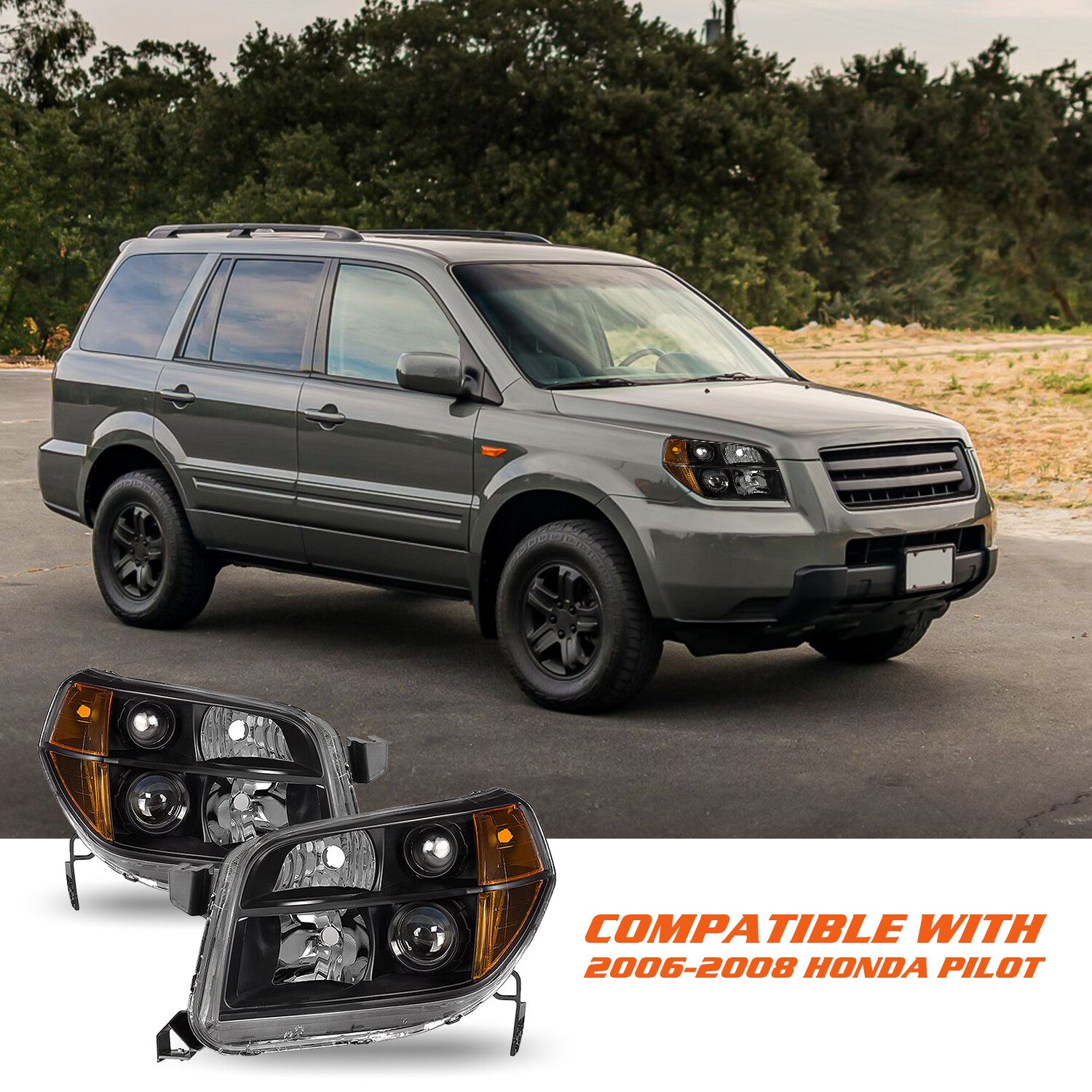 For 2006 2007 2008 Honda Pilot Black Housing Amber Corner Headlights Assembly