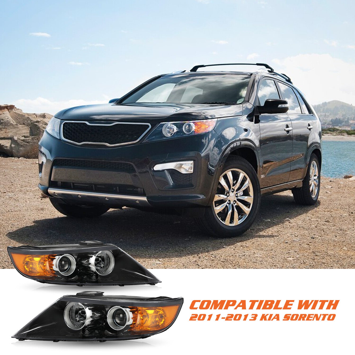 For 2011 2012 2013 Kia Sorento Halogen Black Amber L+R Pairs Headlight assembly