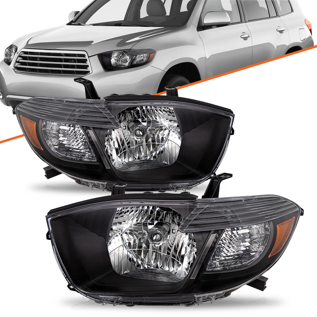 For 2008 2009 2010 Toyota Highlander Black Housing Headlights Lamps L+R Pair