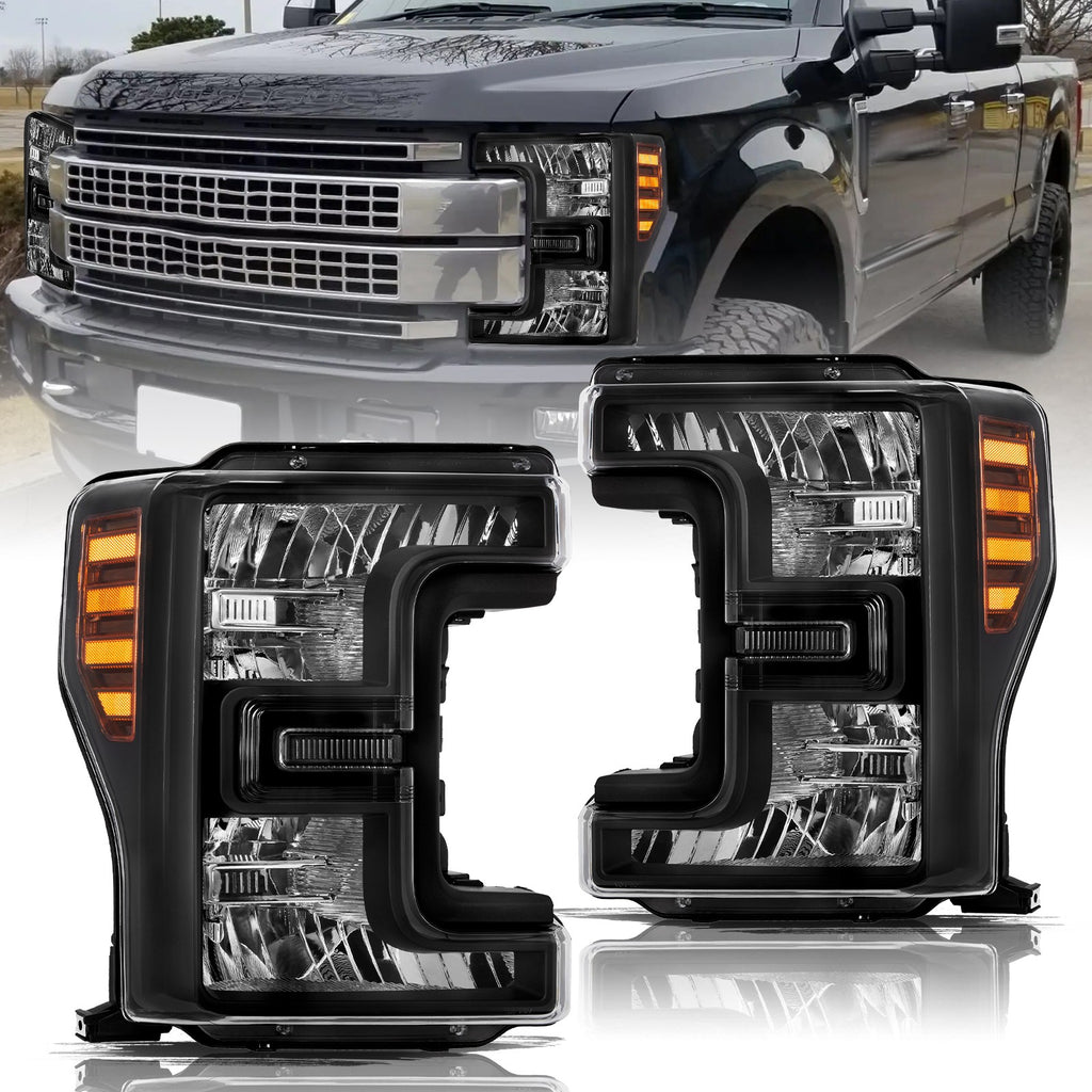 For 2017-2019 Ford F250 F350 SuperDuty Halogen Black Headlights lamps Left+Right