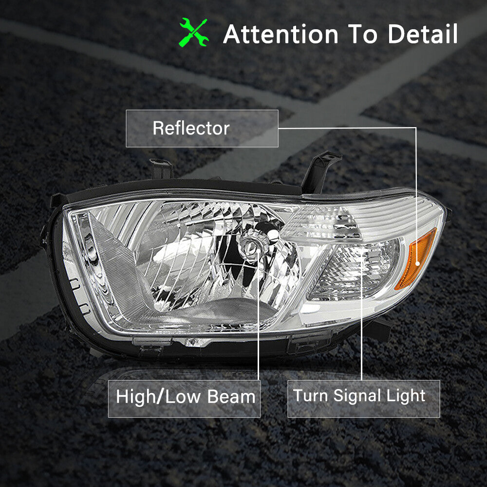 For 2008-2010 Toyota Highlander Chrome Housing Headlights Amber Corner Lamps L+R
