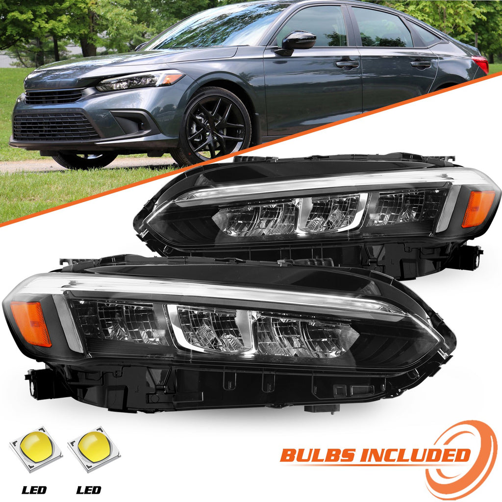 For 2022 2023 Honda Civic Chrome Full LED Headlights Assembly Pair 22-23