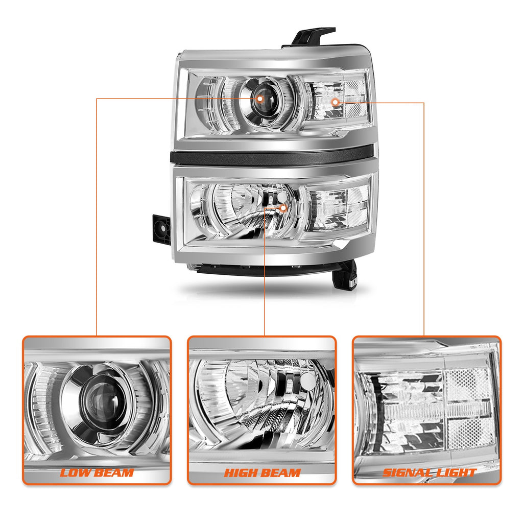 Chrome Projector Headlights For 2014-2015 Chevy Silverado 1500 Trim Headlamp w/B