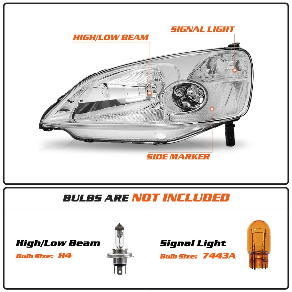 For 2001 2002 2003 Honda Civic Chrome Clear Headlights Assembly Lamps Set