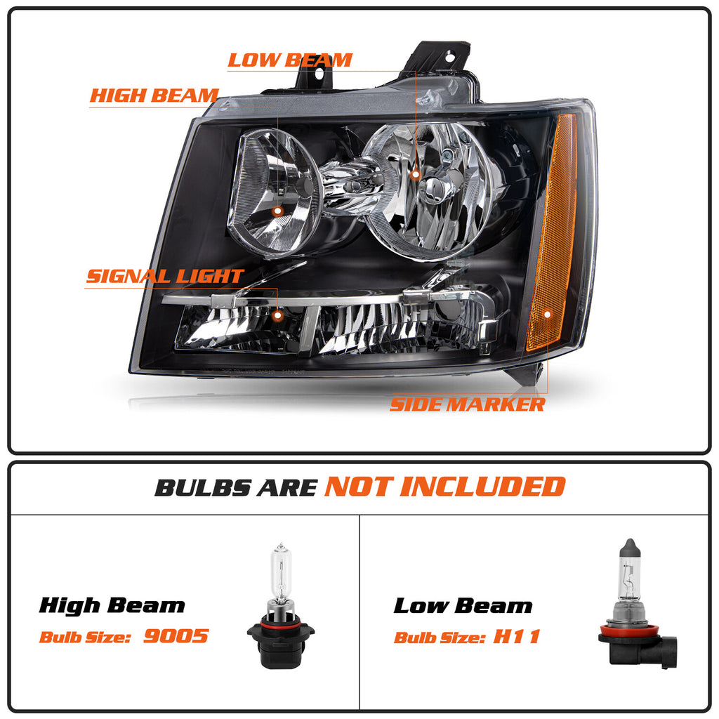 Halogen Headlights For 2007-2014 Chevy Avalanche Suburban Tahoe Black Headlamps