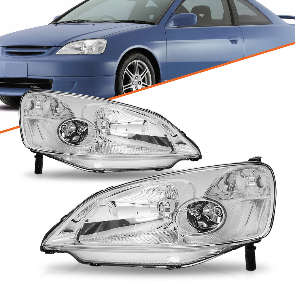 For 2001 2002 2003 Honda Civic Chrome Clear Headlights Assembly Lamps Set