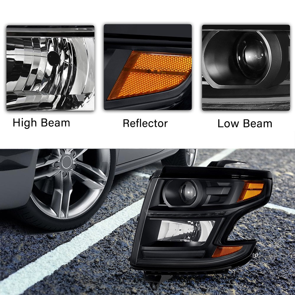 Black Headlights For 2015-2020 Chevy Tahoe Suburban Projector Headlamps LH&RH
